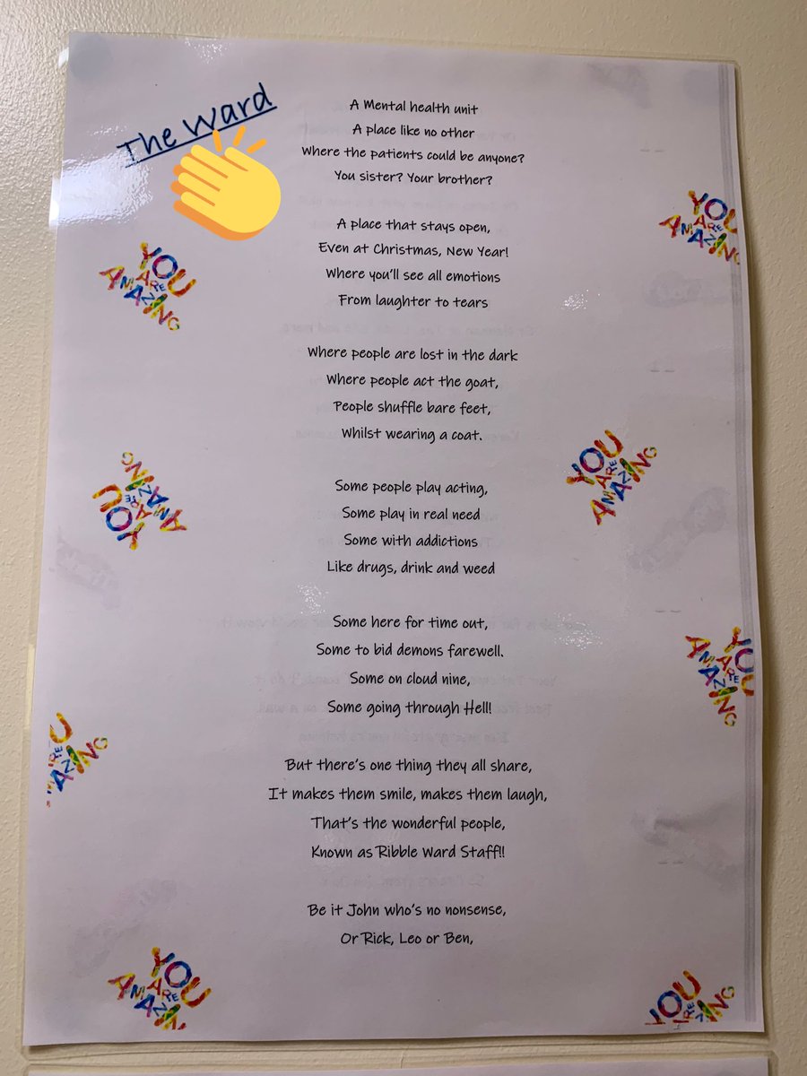 AngelaCraven88's tweet photo. A thank you poem written by a talented ex-service user, finally in print and put up on the wall! 
So proud to be part of team Ribble! 
#WeArePendleview #inpatient #thankyouteam #Ribbleward #WeAreLSCFT @natski89 https://t.co/zFR0bKjXe1