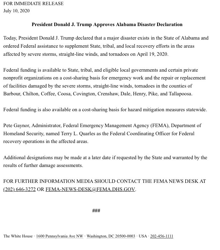 President Trump has approved my emergency disaster declaration requests for several AL counties affected by severe storms &amp; tornadoes in mid-April of this year. Thank you <a href="/POTUS/">President Donald J. Trump</a> &amp; <a href="/fema/">FEMA</a> for supporting our affected communities as they work to recover. <a href="/WhiteHouse/">The White House</a> #alpolitics