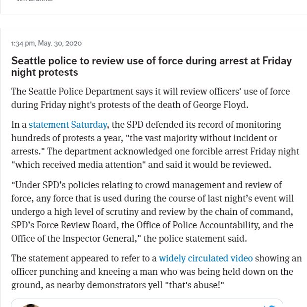 by 1:34p.m. the Times documents the first case of police violence against protesters, having occurred the previous night https://twitter.com/daeshikjr/status/1266639620940296192