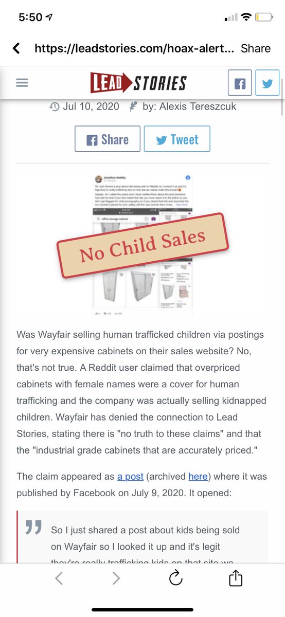TuesdayJannell's tweet photo. Apparently because #Wayfair says it’s not true Facebook fact checks it as false! 😂🤦🏻‍♀️ https://t.co/NXbFewcmEU