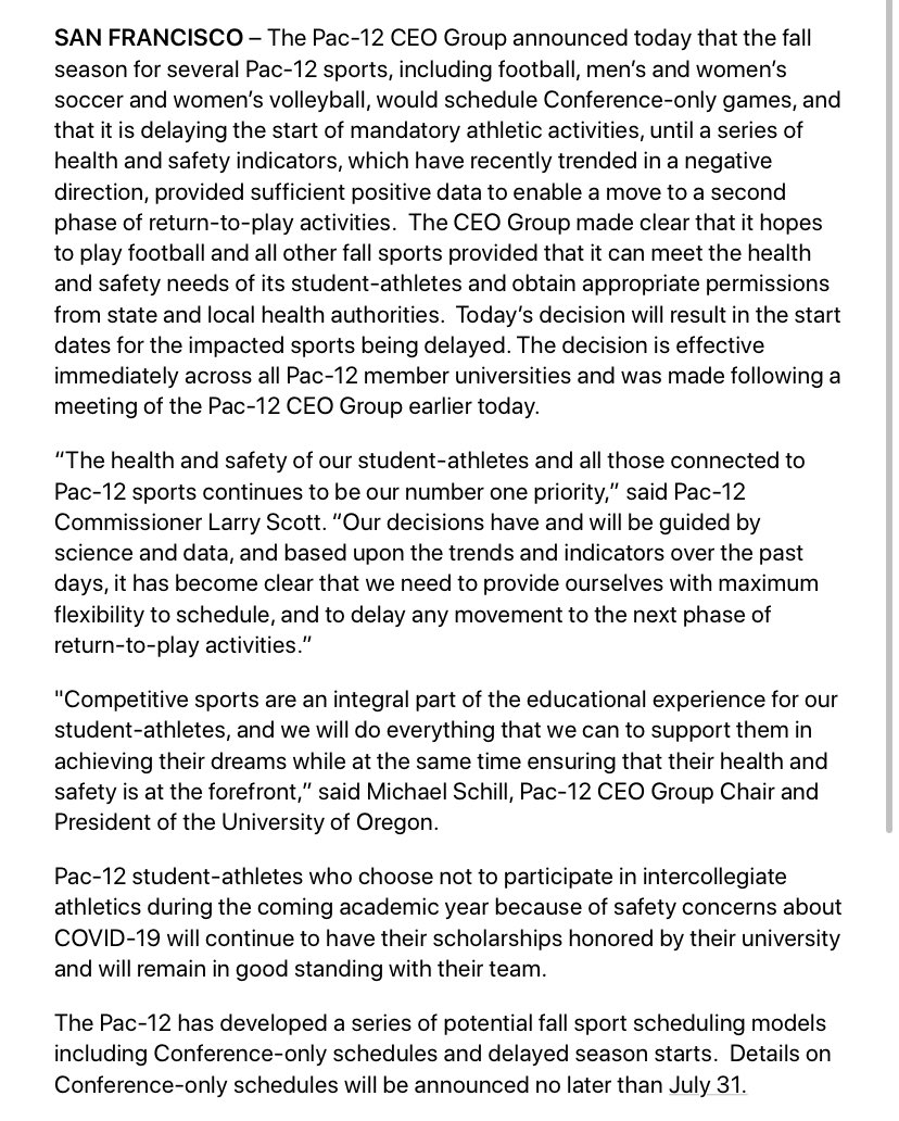 Adam Rittenberg (@ESPNRittenberg) on Twitter photo 2020-07-10 23:06:43 Pac-12 says it will announce schedules no later than July 31. Timing of start of fball season will be interesting. While Big Ten intent on starting early September, Pac-12 might have to start a little later. Pac-12 says it will announce schedules no later than July 31. Timing of start of fball season will be interesting. While Big Ten intent on starting early September, Pac-12 might have to start a little later.