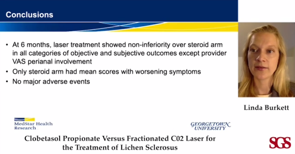 AngelaYuanMD's tweet photo. What a fantastic study on Laser vs topical steroids for Lichen Sclerosus by @LindaBurkett15 and colleagues @MedStarWHC! #SGS2020 @GynSurgery https://t.co/HoG5VDNbCN