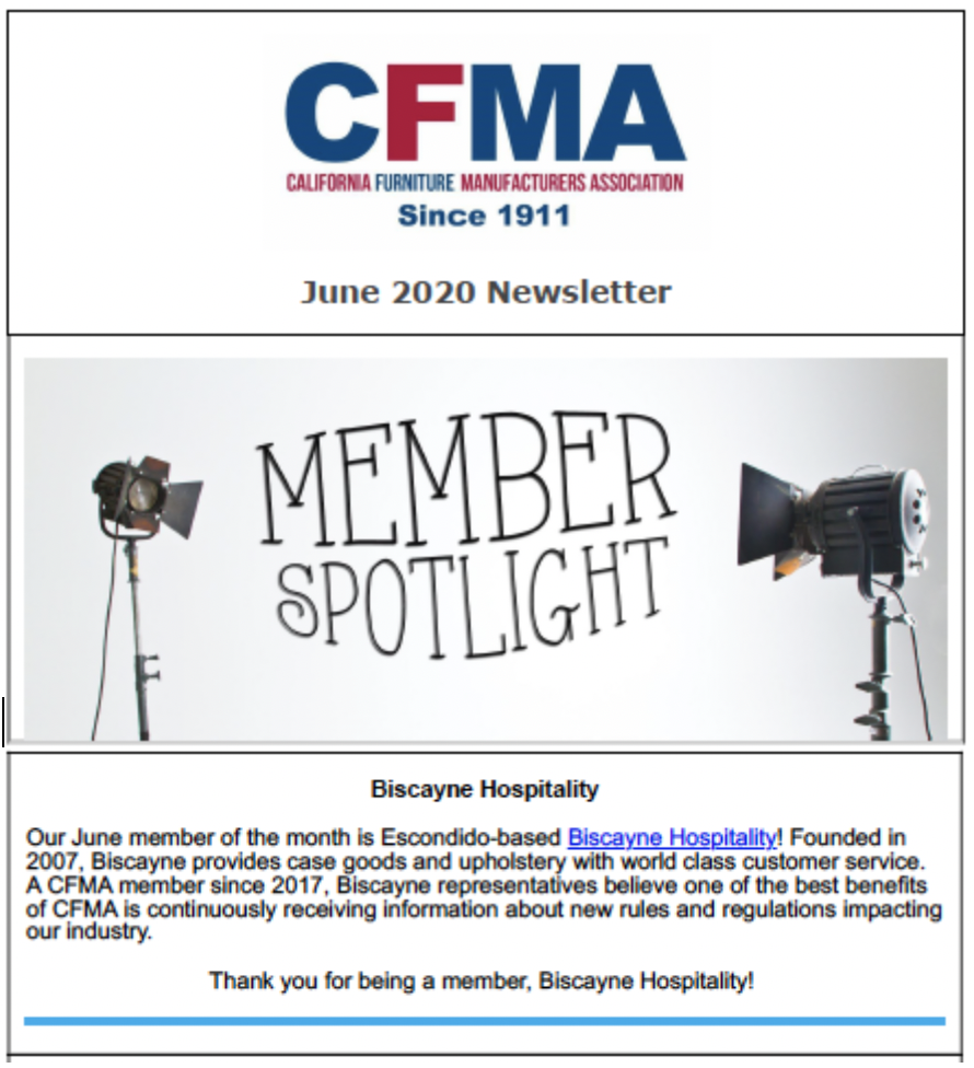 BiscayneH's tweet photo. Thank you to the CFMA - The California Furniture Manufacturers Association for naming us as their Member of the Month. It’s true: we do our best to provide “world class customer service” and we are honored for being recognized for it. Thanks, CMFA! https://t.co/L8jnG8BgR3
