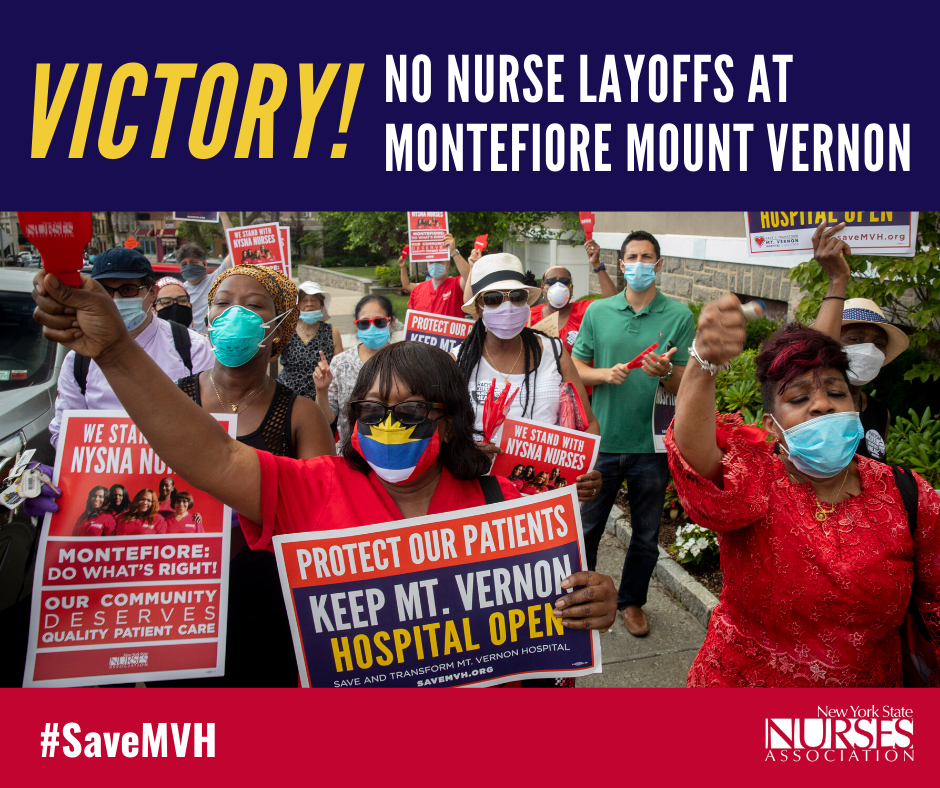 nynurses's tweet photo. When we fight, we win! One day after mobilizing to fight for the future of Mount Vernon Hospital, we got word from Montefiore that they were rescinding layoff notices for 16 ICU &amp; Telemetry nurses. The next battle: let's get those ICU beds reopened! #SaveMVH @SaveMVH https://t.co/3MF6aRDJSK