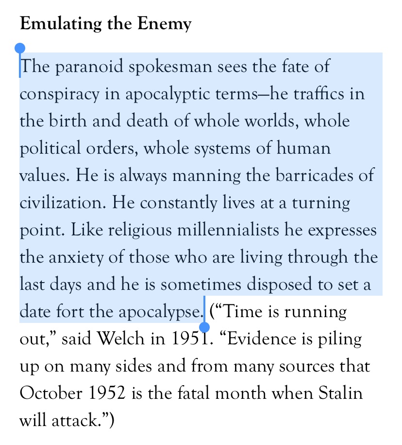 I just finished Richard Hofstadter’s 1964 essay ‘The Paranoid Style in American Politics.’This seemed relevant, re: Rideau Hall, since reporting identified the suspect as trafficking in QAnon conspiracies, and believing Canada was descending into communist dictatorship.