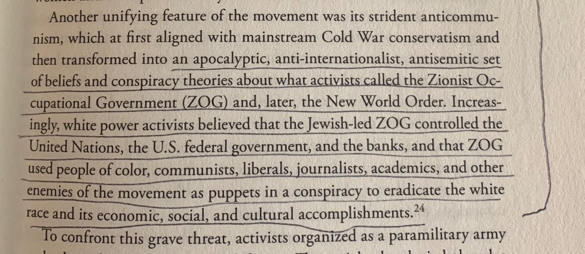 But it’s worth pointing out conspiracy theories—often apocalyptic, millenarian, or anti-Semitic in nature—mixed with anti-communist, anti-government sentiment are a hallmark of the far-right. See this passage from ‘Bring The War Home’ by Kathleen Belew.