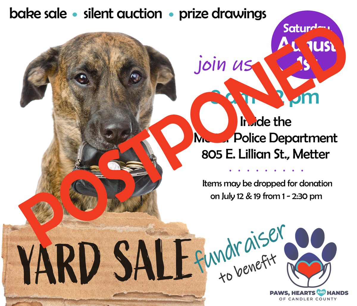 PawsHeartsHands's tweet photo. We have made the tough decision postpone the yard sale benefiting Paws, Hearts, &amp; Hands of Candler County. With the numbers of positive COVID-19 positive cases climbing once again, we feel it is in the beat interest of all. We will still hold the drawing for the 2 prizes. https://t.co/hcywo8HXFm
