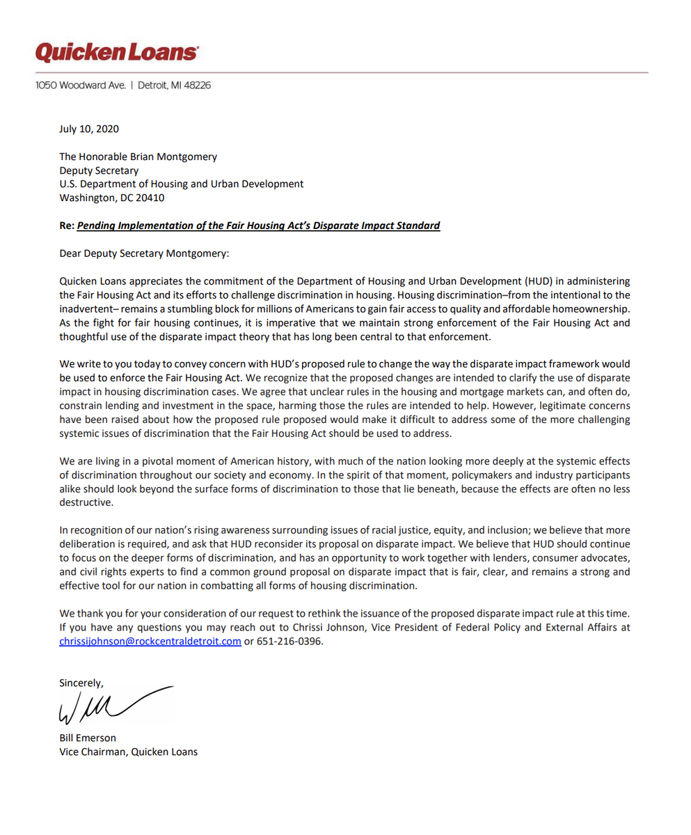 Screenshot of the letter from Quicken Loans Vice Chairman Bill Emerson, which is one page long. The full text is linked in the original tweet.