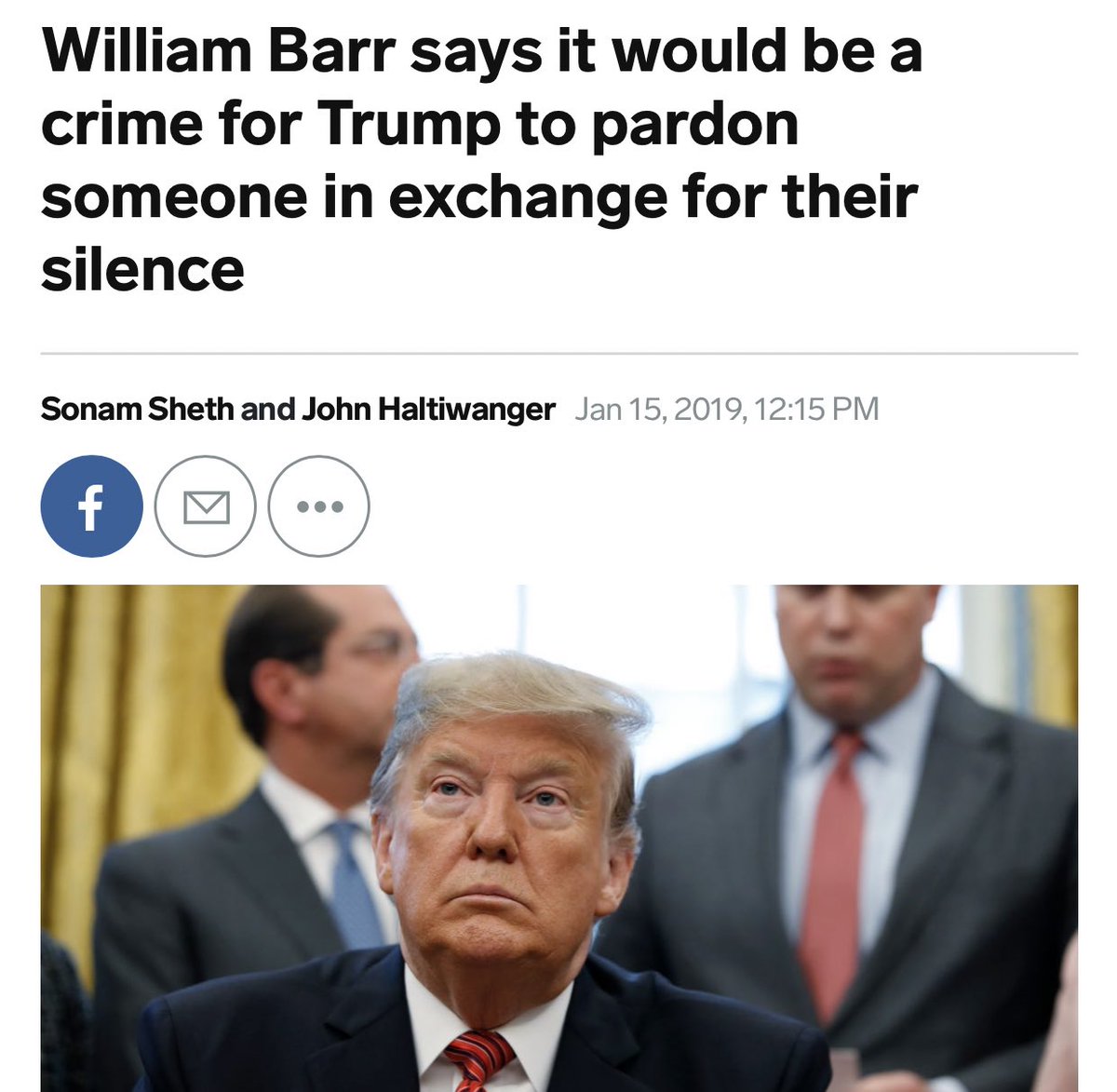 Flashback to Jan. 2019, when Trump’s own Attorney General, Bill Barr, said during his confirmation hearing that pardoning someone in exchange for their silence “would be a crime.”