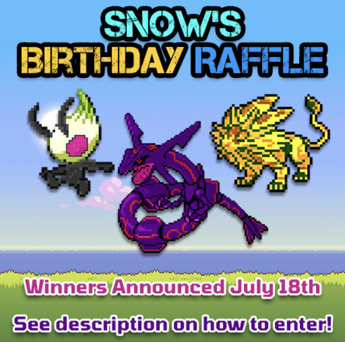 MirageCraft Pixelmon on X: We have a huuuge giveaway to celebrate Snows  birthday! An alien Celebi, Real Solgaleo and Alter Rayquaza will be given  away with other potential prizes. Retweet this to