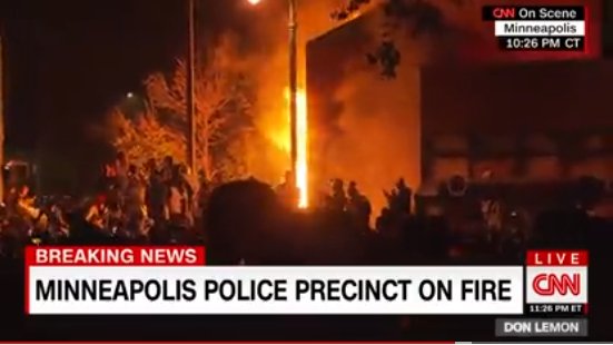 included is a link to an explosive video, seven minutes long, which proceeds to show a blazing inferno the once was a Minneapolis police precinct, and a cheering crowd of unprecedented size and intensity  https://www.cnn.com/us/live-news/george-floyd-protest-updates-05-28-20/h_58a4d4f3a5e1df02d0793755ae84d86a