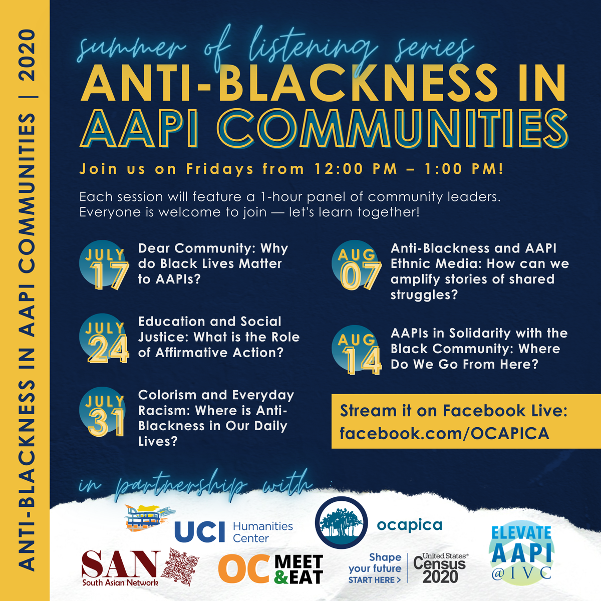 Presenting our 2020 Summer of Listening series: Anti-Blackness in AAPI Communities! Join us on Fridays at 12PM to hear about anti-Blackness in AAPI education, colorism, media, and more. 

We can only build a better world when we work in solidarity — let’s learn together! 🤝