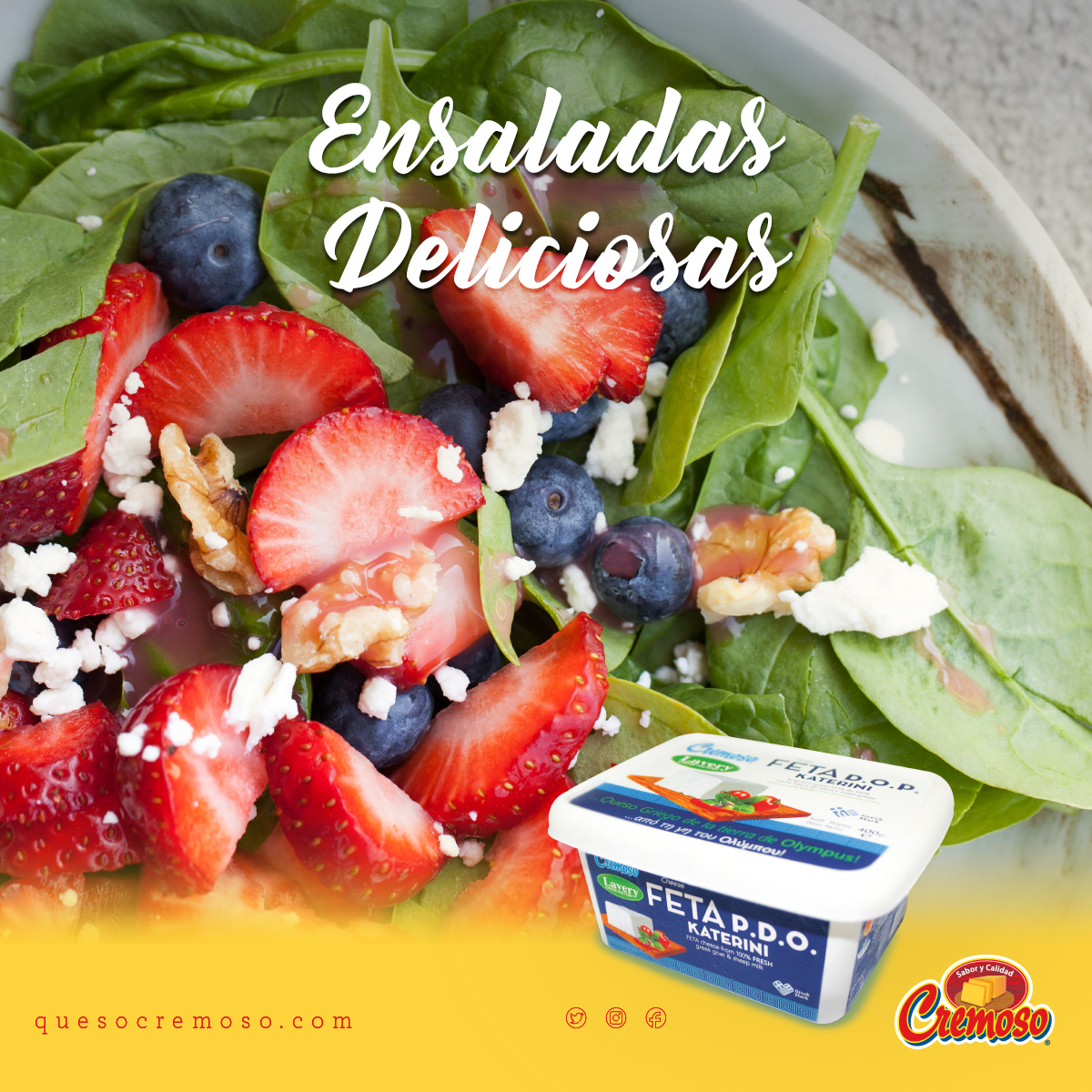 QuesoCremoso's tweet photo. Una sencilla ensalada puede transformarse en una comida completa, elegante y liviana, solo con agregarle unos trozos de Queso Feta Cremoso, junto con frutos secos tostados, pasas, arándanos o cerezas.
#Panama #Queso #ComoRico #HTzanetatos @htzanetatos #QuesoFeta https://t.co/bGcvp0RSIO