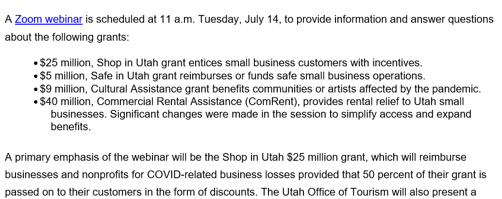 slcecondev's tweet photo. Webinar TOMORROW July 14th: New relief is coming via the "#ShopInUtah" grant to reimburse businesses &amp; nonprofits for COVID-related business losses.  50% of the grant must be passed on to their customers in the form of discounts. Zoom link:  https://t.co/Qur5m72hsD https://t.co/cjk9oaoJjA