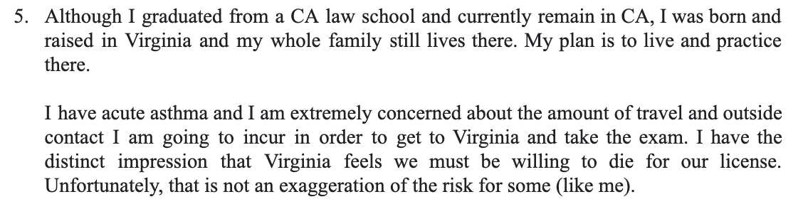 "I have the distinct impression that Virginia feels we must be willing to die for our license."
