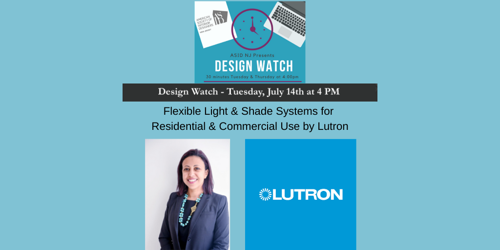 ASIDNJ's tweet photo. Heads up! Design Watch 7/14, 4PM by Karine Achkar, Sales Supervisor/NYC Metro, @Lutron.She will discuss its 4 diff. home automation systems that encompass lighting, shading &amp; AV integ. Register: https://t.co/io3NQGyl3P #lutron #ketralighting #lutronshades #lutronluxury #asid https://t.co/tgcd5rmNJB