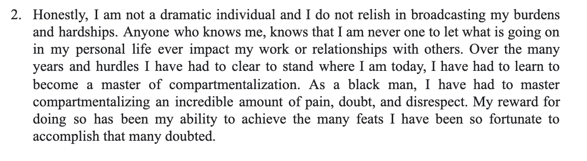 This applicant speaks so powerfully about his experience navigating the past several months as a Black man, and how the bar is just one more hurdle. How it feels insurmountable.
