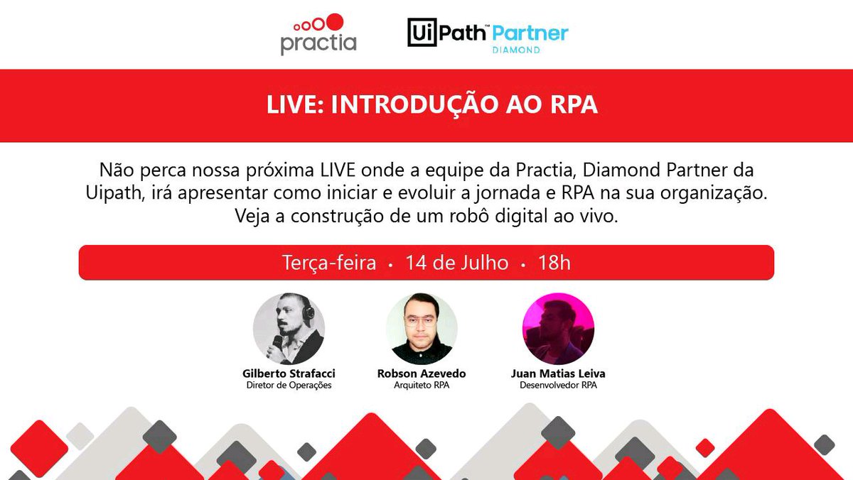 PractiaBrasil's tweet photo. A LIVE Introdução ao RPA tem por objetivo permitir que você tenha um primeiro contato, inicie e evolua nesse tema. A #Practia junto da #Uipath irá apresentar o papel do #RPA na #transformaçãodigital,
@UiPath Inscrições: https://t.co/AoD3lJbxVd https://t.co/2cgH6BYi9d