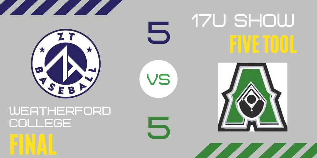 Final - Game 2 in the <a href="/FiveTool/">Five Tool Baseball</a> 17u Show - <a href="/ZT_NTX_White/">ZT Elite NTX White</a> 5-5 vs <a href="/ActionBaseball/">Action Baseball Club</a> Garcia.  

Notables:  
C - Josh Bowers <a href="/joshbowers45/">Josh Bowers</a> - 2-3, 2R 1RBI

OF - Mason Fisher 2-2 1R, 1SB