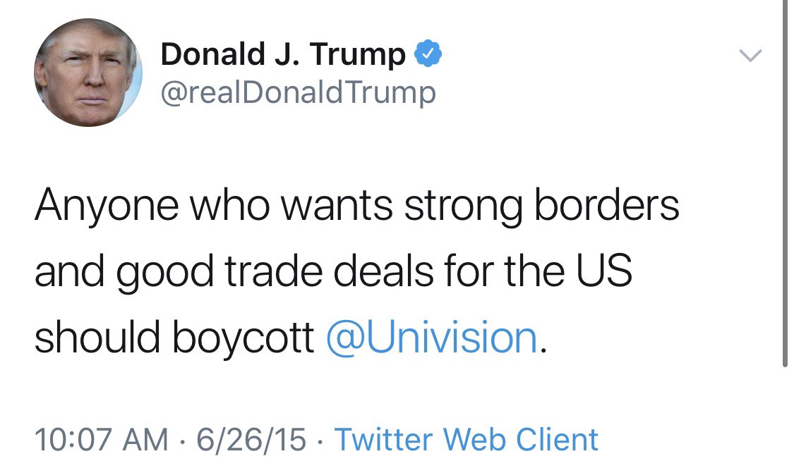 There’s a lot of  #boycott talk today online about many Americans ending their consumer loyalty with a particular food brand. Apparently, there are many who are (now) adamantly opposed to  #boycotts. I don’t know where they were when this happened with  @Univision: