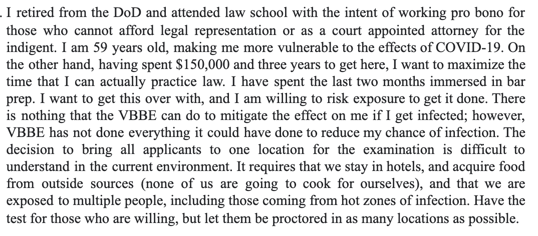 This person is at risk and, while they would like to get the exam over with, they are frustrated that the board hasn't made real moves to increase safety.