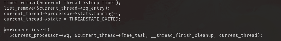 Put that aside for a sec. Let’s talk about what happens when a thread exits. Threads exiting is a several step process, because we can’t cleanup all the state when the thread is actually running. So it sets a flag, queues some cleanup work on a workqueue, and reschedules. 0x5/n