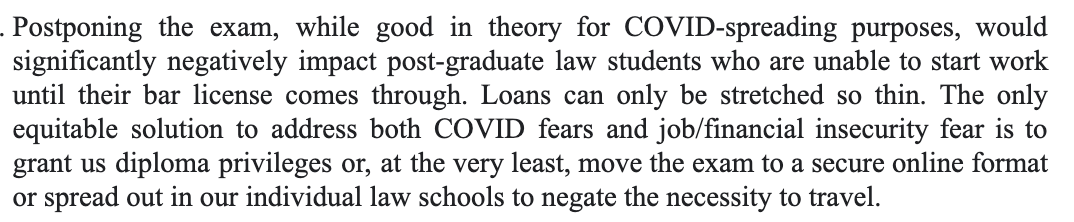 This person is at risk and, while they would like to get the exam over with, they are frustrated that the board hasn't made real moves to increase safety.