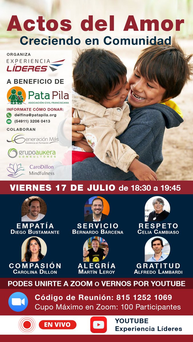EXPLIDERES's tweet photo. El Viernes 17 de julio Experiencia Líderes te invita a ser parte a un Encuentro Especial A BENEFICIO de PATA PILA.
Reflexionaremos acerca de la importancia de poner más en práctica 6 Actos del Amor: EMPATÍA, SERVICIO, RESPETO, COMPASIÓN, ALEGRÍA Y GRATITUD.

Te esperamos! https://t.co/WReq2a5glf