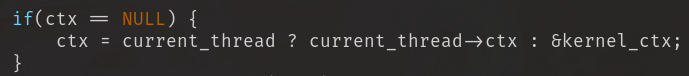 If current_thread is NULL it instead uses a “kernel bootstrap” memory context instead. Thus, no matter if we have a kernel thread, we can map memory in the kernel.fwiw current_thread is also NULL during startup, so we use this kernel_ctx to bootstrap the mmu as well. 0x8/n