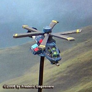 Both are mated to a N&D Handsfree targeting and tracking system linked to the pilot's helmet, allowing the pilot to merely look at what he wants to target and pull the trigger. One ton of reloads each give the helicopter decent endurance in combat.