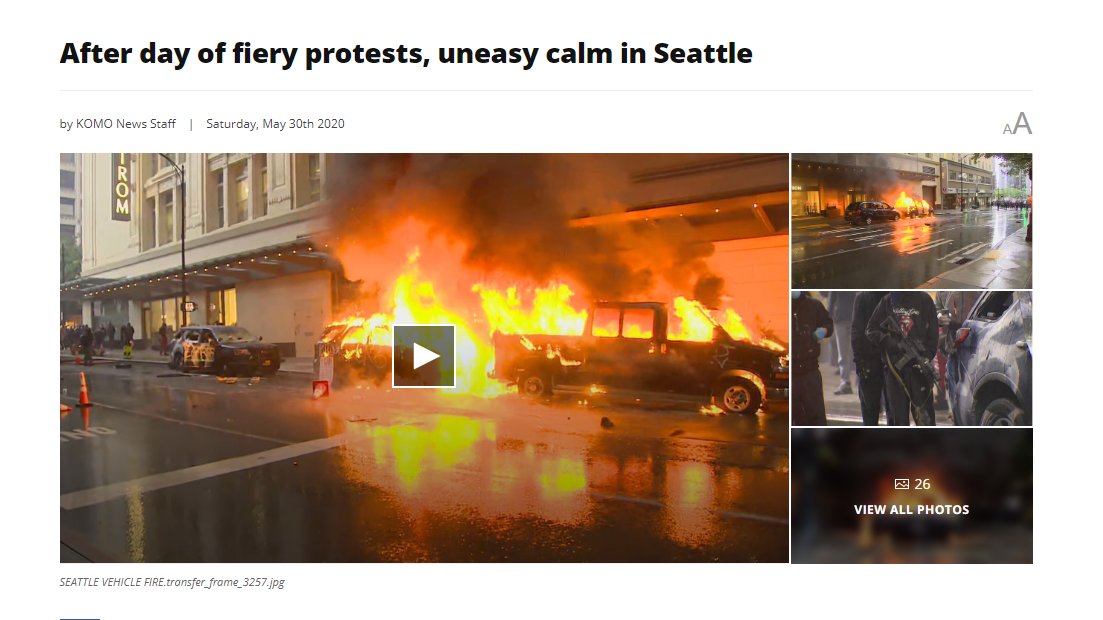 The article begins with an incendiary video and photo gallery, and a short, blunt update as to the rapidly evolving situation in the city https://komonews.com/news/local/protesters-gather-in-seattle-for-2nd-day-of-protests-over-george-floyd-death