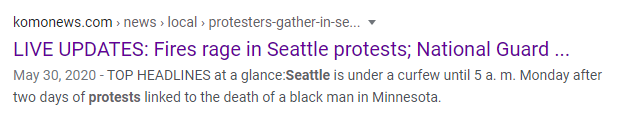 The next day, Komo news runs a segment originally titled, "Fires rage in Seattle protests," but the headline is later changed to "Protesters gather in Seattle for 2nd day of protests over george floyd death" and then again, to "After day of fiery protests, uneasy calm in Seattle"