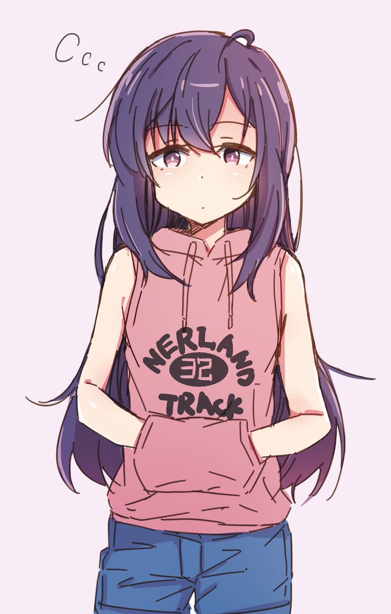 1girl solo long hair hoodie shorts hood purple hair  illustration images