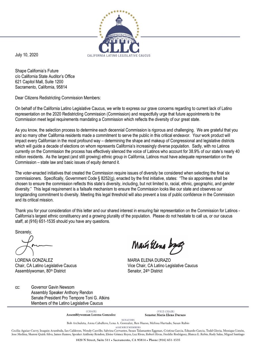 Latinos are 40% of California’s population. It’s unacceptable that no Latinos were selected for the redistricting commission.

Today the <a href="/LatinoCaucus/">CA Latino Caucus</a> sent a letter urging the Citizens Redistricting Commission to consider our state’s diversity when making the final 6 selections