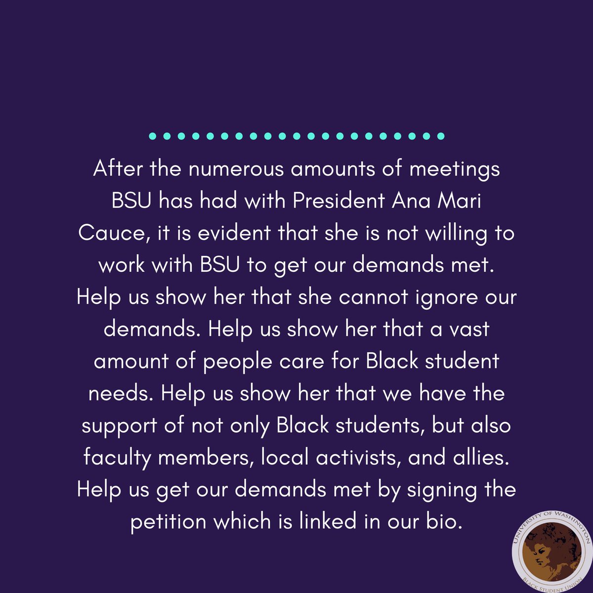 UWSeattleBSU's tweet photo. Help us meet the demands of Black students on the UW’s campus. Linktree in our bio! https://t.co/QS5E7HBlfK
