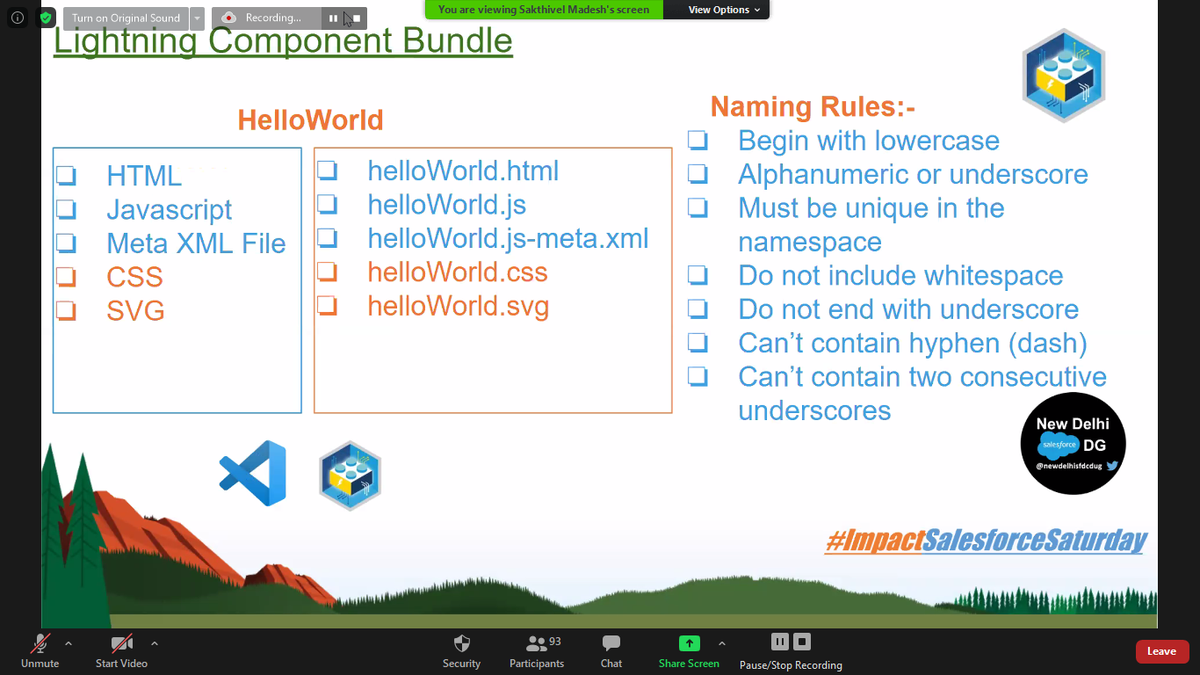 #ImpactSalesforceSaturday 
Learning about the Lightning Component Bundle Naming Rules

<a href="/newdelhisfdcdug/">New Delhi Salesforce Developer Group</a> 
#newdelhisfdcdug