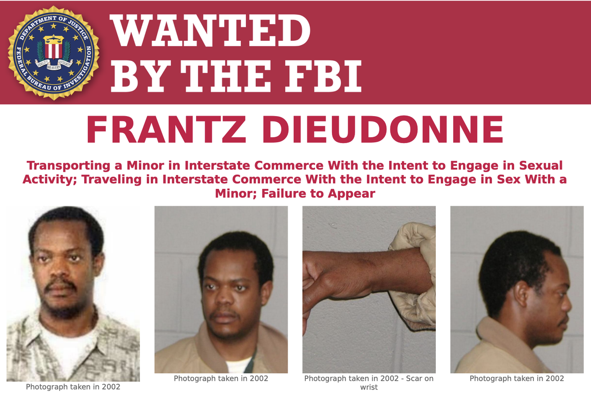 FBI's tweet photo. Help the #FBI find Frantz Dieudonne, who is still wanted for his alleged involvement in sex-related crimes with a minor. Dieudonne has ties to New Jersey, Pennsylvania, and Utah. If you have a tip, submit it at https://t.co/iL7sD5efWD. #FugitiveFriday https://t.co/mKT3168zV1 https://t.co/BxShcFASTm