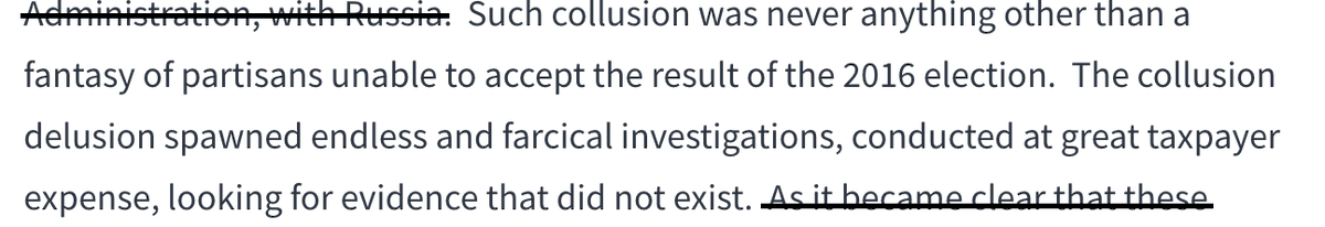 3/ Forgive me, but who writes like this? It's ridiculous. Unfortunately, it also comes from the President's office. Of course, it's untrue & there was evidence of collusion altho Mueller concluded, not of criminal conspiracy.