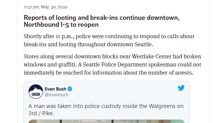 At 11:51, the Times reports ongoing police response to calls about multiple break ins and looting in downtown.