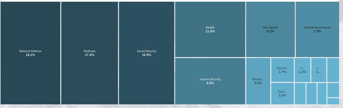 US federal gov expenditure in 2019 (note that u have state spending too & I will talk about that later)Social security 16.9% & Medicare 17.4% = 34.3% of expenditureNational defense is 18.2%Health is also large at 11.6%Note that education is small but most comes from state