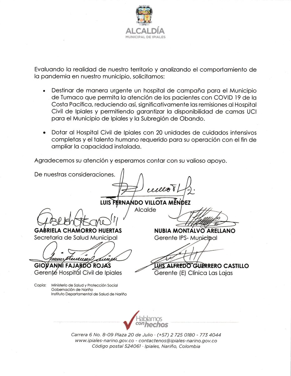 Compartimos solicitud hecha por el Alcalde Luis Fernando Villota en conjunto con las Instituciones de Servicios de Salud de Ipiales, al presidente Iván Duque, para q se apoye un plan de contingencia por declaratoria de alerta roja hospitalaria en el municipio.
#NoBajemosLaGuardia