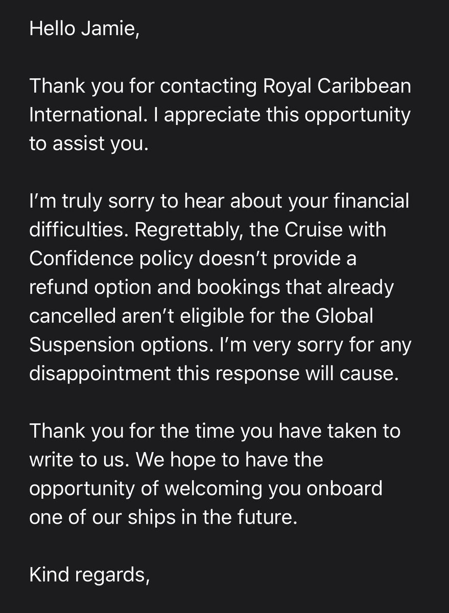CPA_JLD's tweet photo. @RoyalCaribbean @RoyalCaribbeanPR I booked a cruise to Italy; cancelled in March right before your “Confidence” policy took effect.  I received a 25% refund.  I asked for the rest of my money back in the interest of fairness.  The “corporate” response was lame; Lost a customer 👋 https://t.co/dtAF3mb0NR
