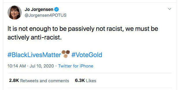 ThreadThis is why I was never a Libertarian  @LPNationalLook at these tweets from  @Jorgensen4POTUS, the Libertarian Party presidential candidate.One: