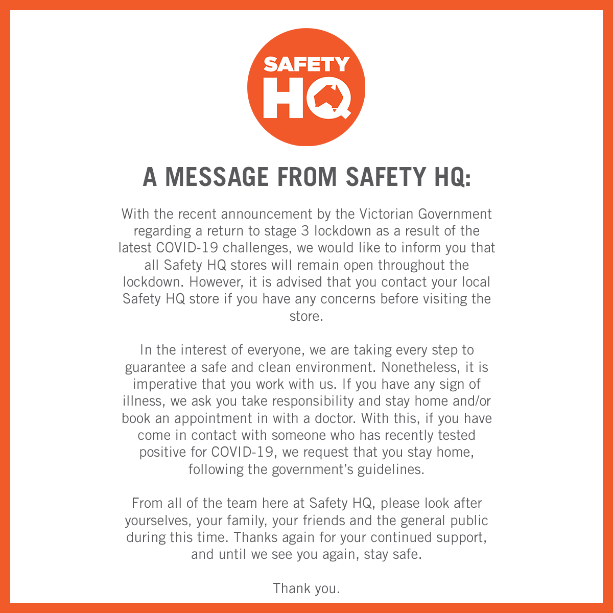 SafetyHQ1's tweet photo. A quick message from us at Safety Headquarters regarding the latest lockdown in Victoria. https://t.co/rXMnjRxaqF