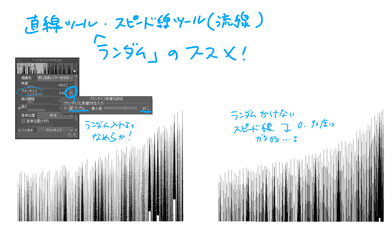 Yuta子 たちばな豊可 低浮上 ツリーでうまく繋がってなかったので再掲 Webサイズで描いてる人 と言ってしまいましたが カラーやグレースケールの場合 直線ツールや流線ツールの アンチエイリアス をonにすれば ランダムonなどしなくてもこんなに