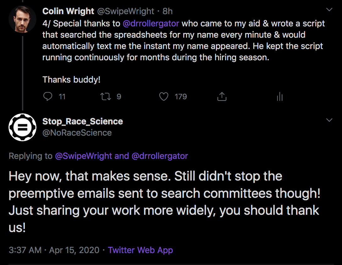 3/ Then some activist posted a "job" on the largest job board in my field, visited by hundreds if not thousands of biologists a day during hiring season, that read:"Colin Wright is a Transphobe who supports Race Science."People also told me they contacted hiring committees.
