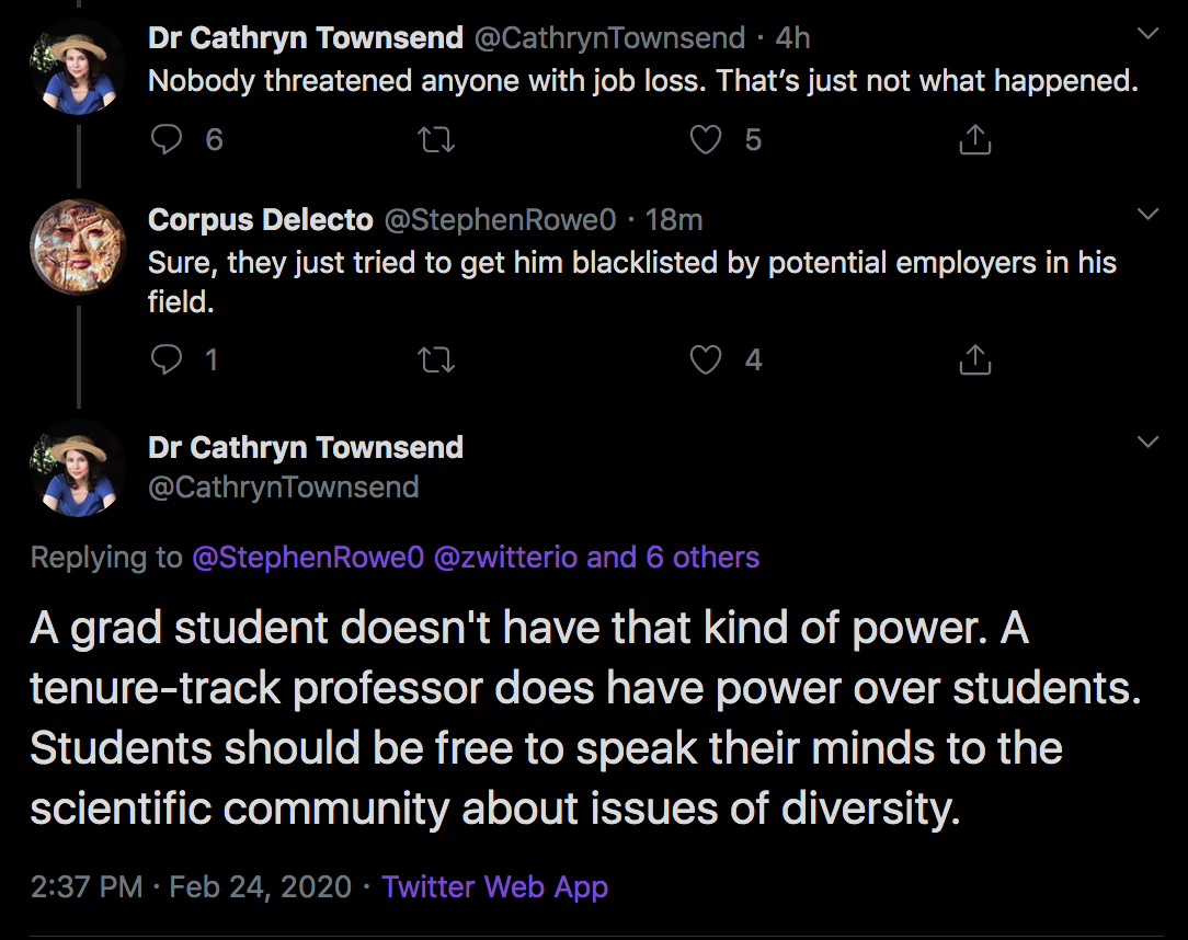 4/ Then, of course, came the absurd gaslighting. "Heavens no! We aren't trying to prevent anyone from getting a job! We certainly don't want anyone blacklisted! Besides, a graduate student like Kevin Bird doesn't even have that kind of power!"Yeah, right.