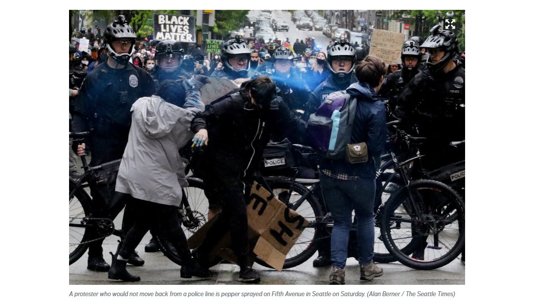 The article notes the liberal use of pepper spray by SPD against otherwise peaceful protesters