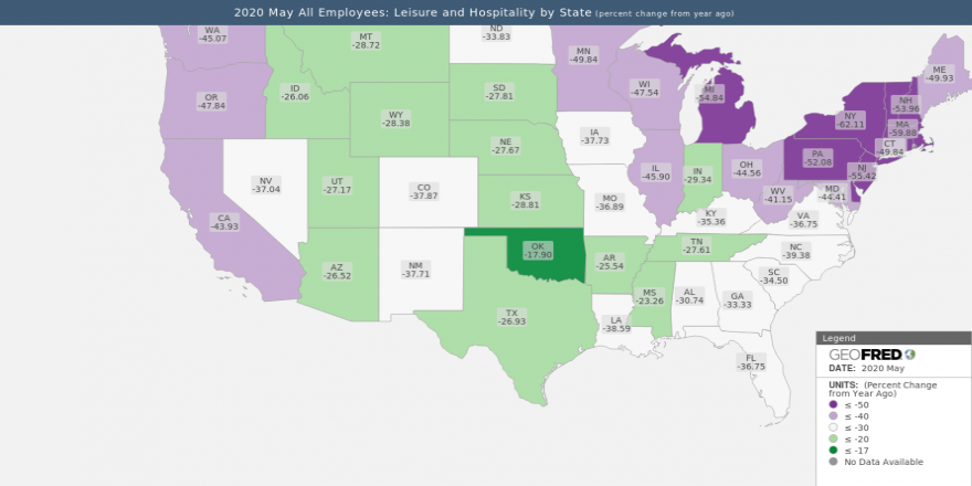 stlouisfed's tweet photo. The number of employees in the leisure and hospitality industry declined across all 50 states in May compared with a year earlier. The decline ranged from 18% in Oklahoma to 62% in New York, with a median decrease of 38% https://t.co/QT0abszaLn https://t.co/JAKHjbSSNi