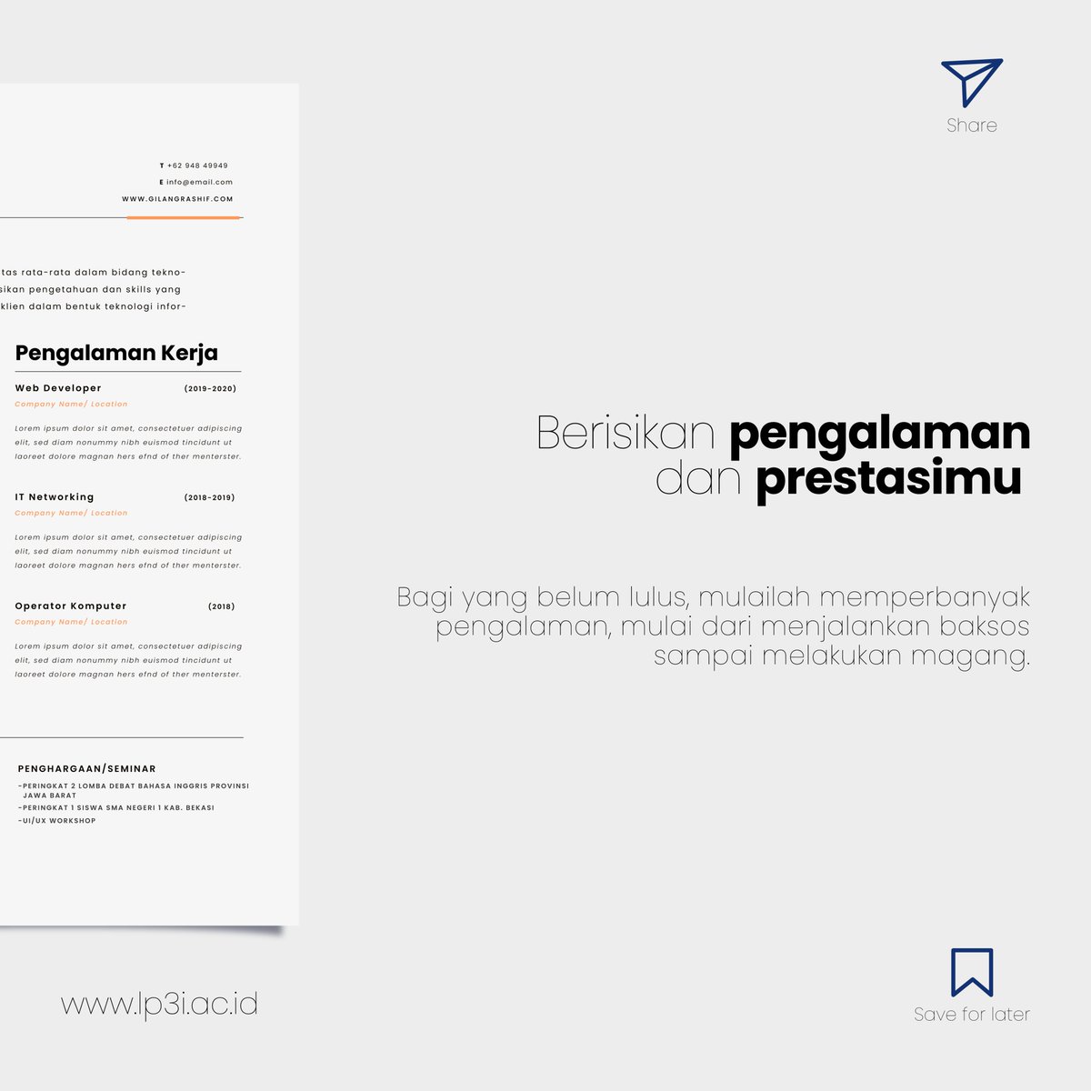 LP3I_Indonesia's tweet photo. Coorporation & Placement (C&P) merupakan divisi khusus yang memfasilitasi lulusan LP3I dalam memperoleh pekerjaan. Asalkan mengikuti tips dan trik dari C&P di atas, kamu tak usah cemas akan tidak diterima kerja setelah lulus nanti.
.
#lp3i #beranipunyaskill #vokasi #kuliahkerja https://t.co/EMi3dOMKyC